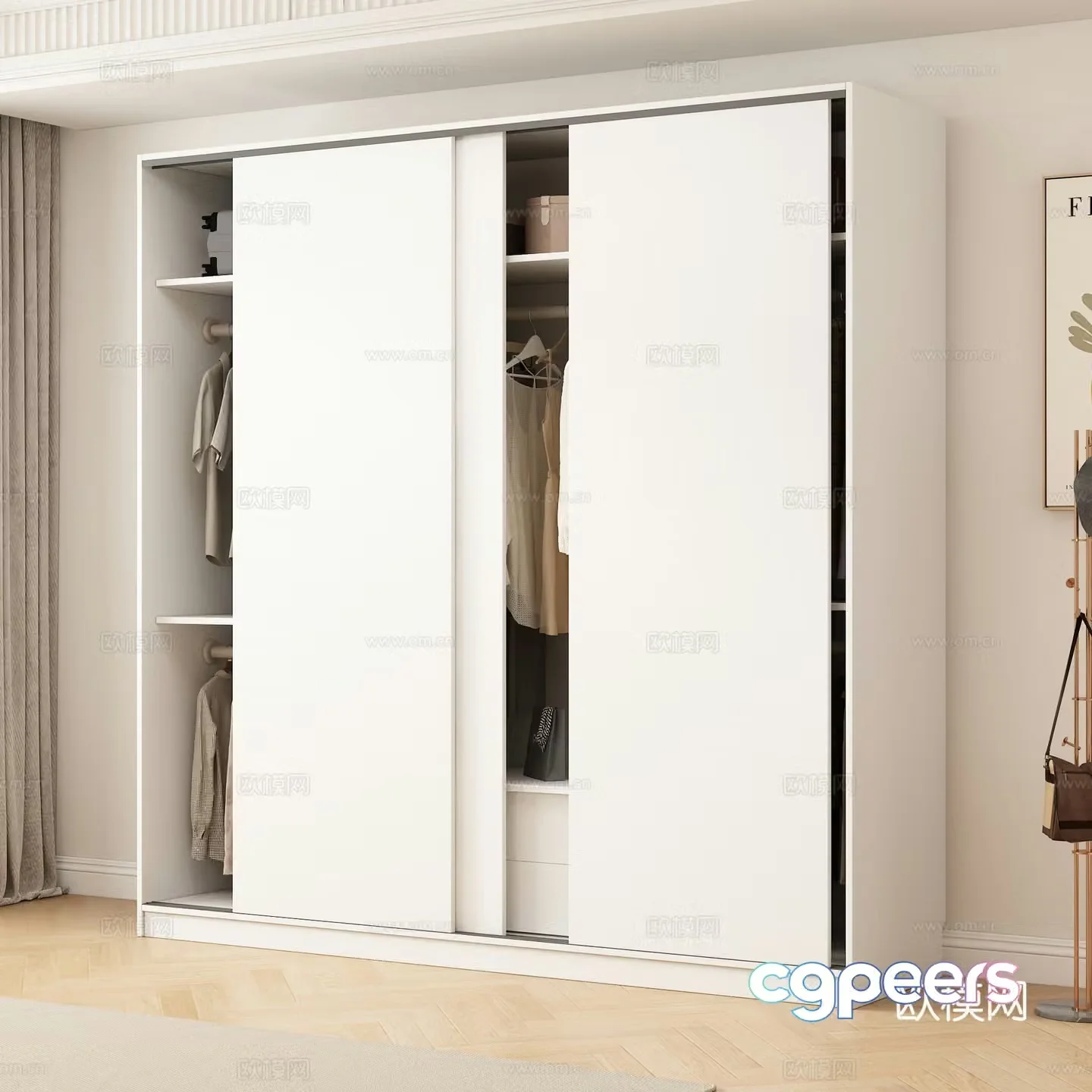 Modern sliding door wardrobe clothes clothes hanging rod decorative painting wardrobe interior 3d model