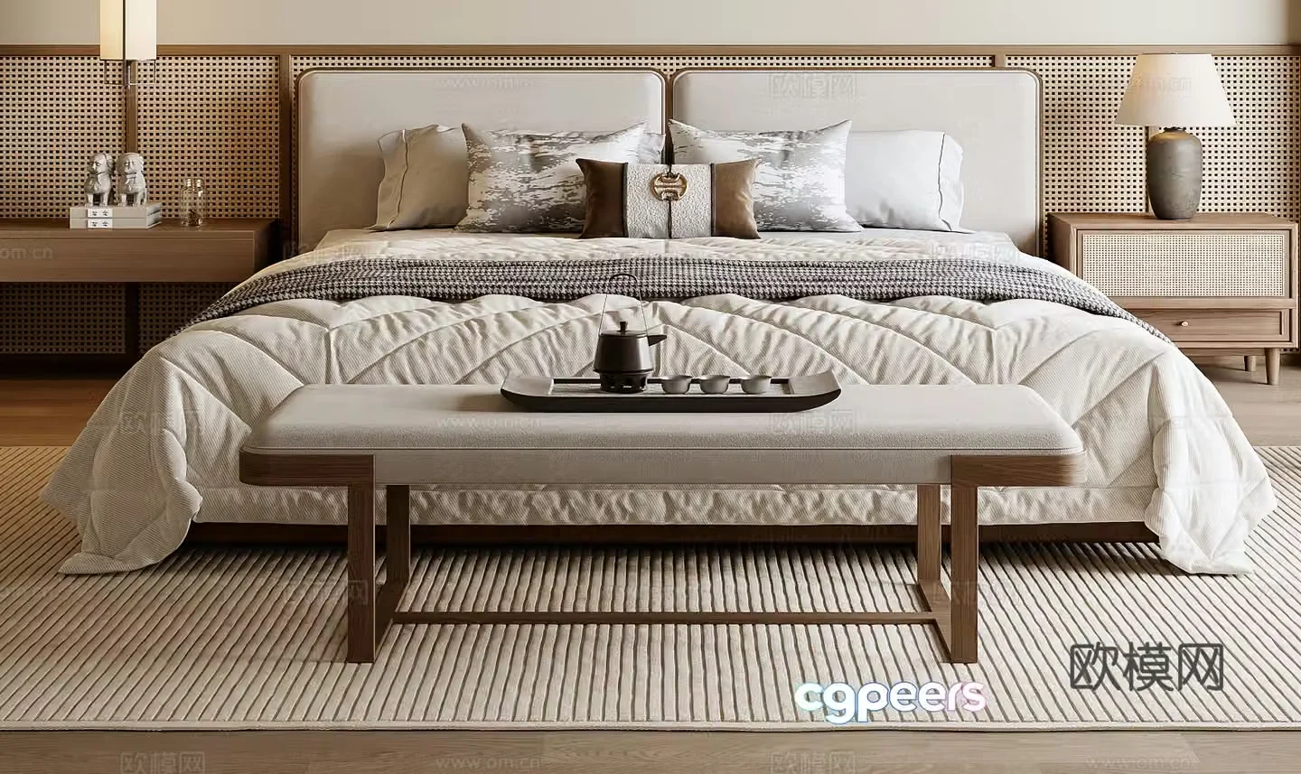 New Chinese style double bed 3D model