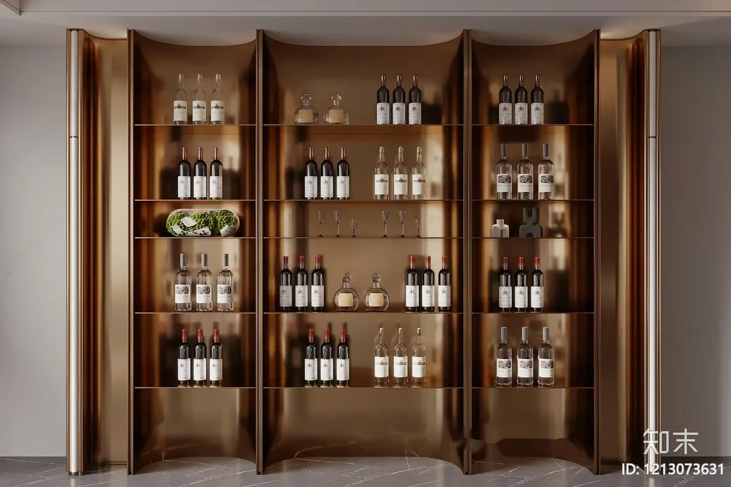 A Wall Of Shelves With Bottles And Glasses 3D Model – 2432 – VRAY Render