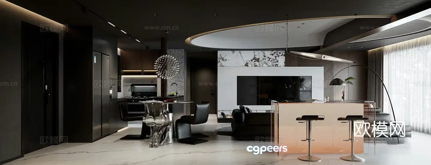 Italian light luxury living restaurant bar Taichung Island dining table and chair combination sofa and coffee table combination open kitchen 3D model