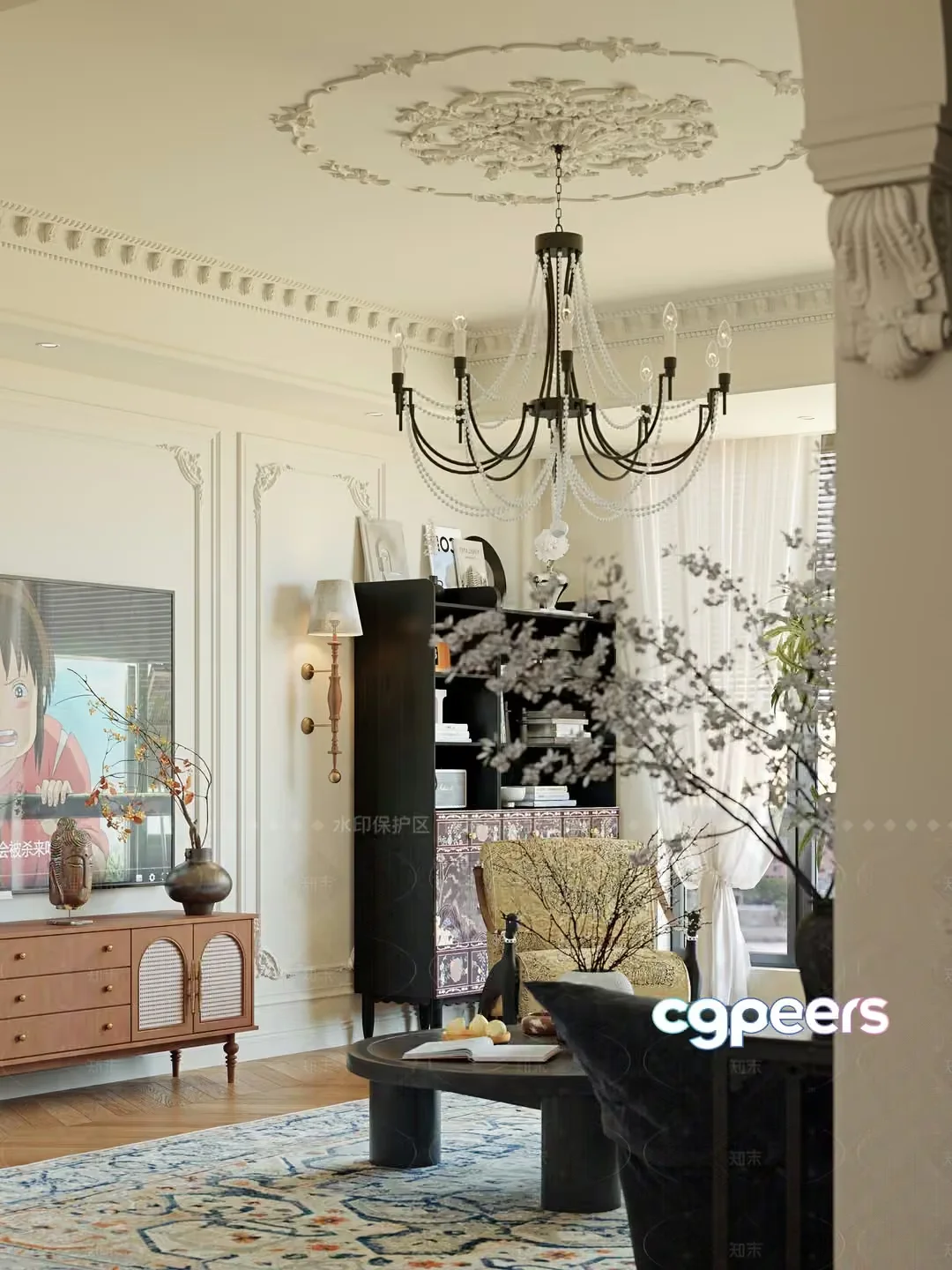 A Living Room With A Chandelier 3D Model – 207 – VRAY Render