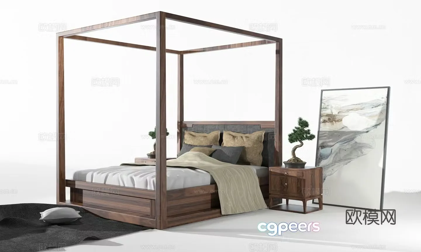 New Chinese style elevated bed bed New Chinese style bed Double bed Single bed Bed nightstand 3D model