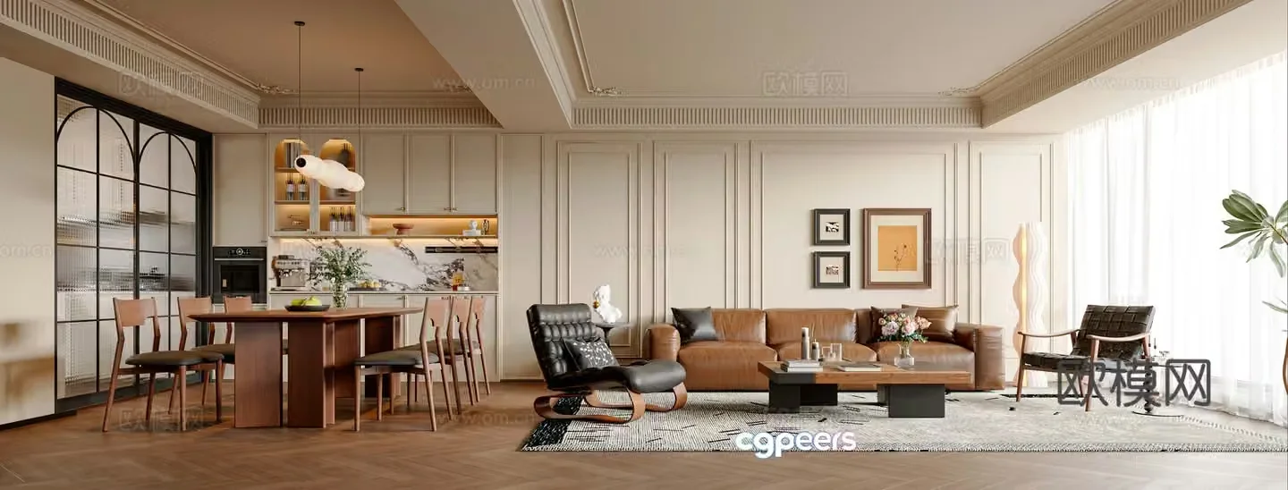 French medieval style living room sofa and coffee table combination dining table and chair sideboard leisure chair chandeliers 3D model