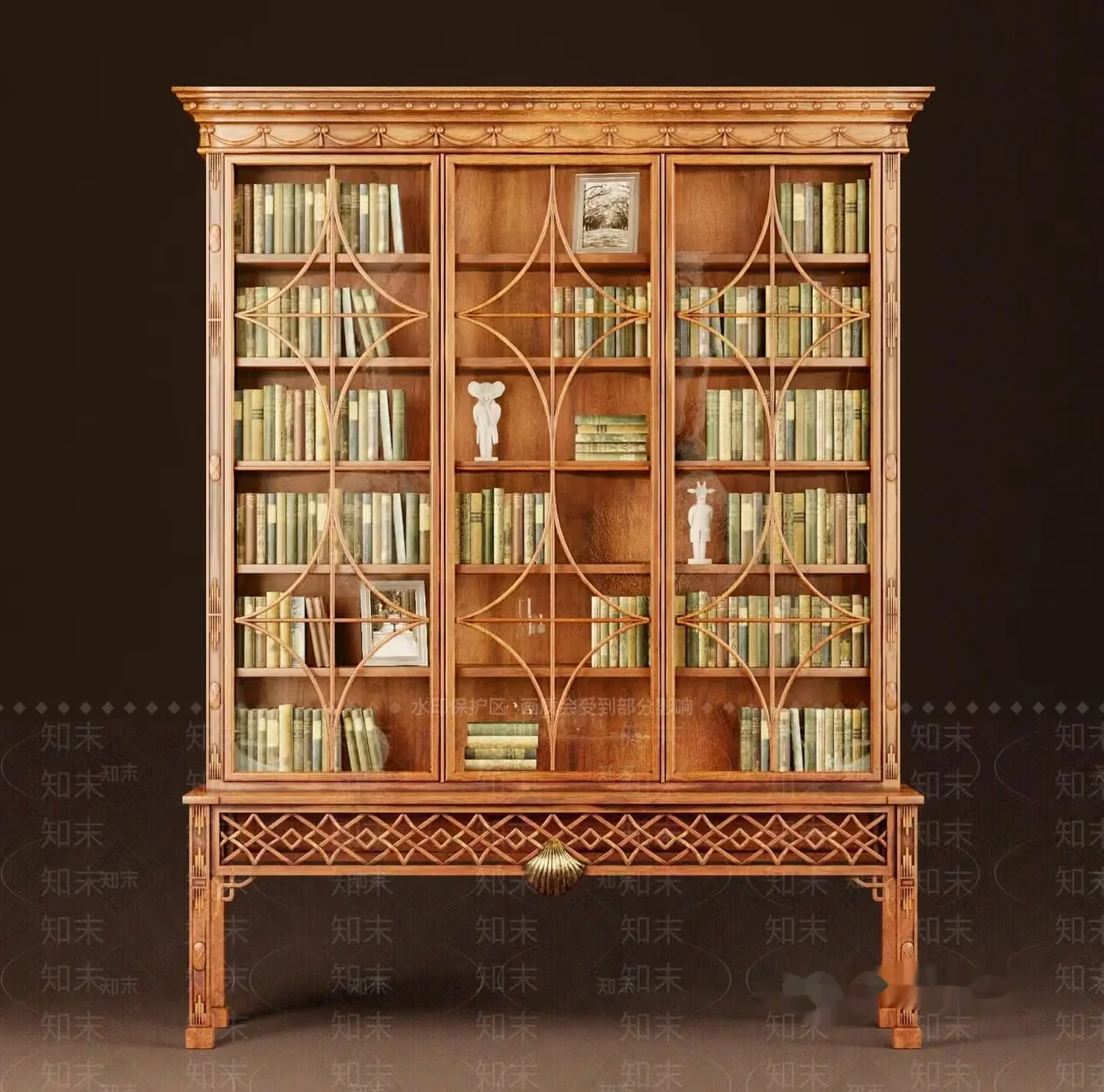 A Wooden Bookcase With Glass Doors 3D Model – 12263 – VRAY Render