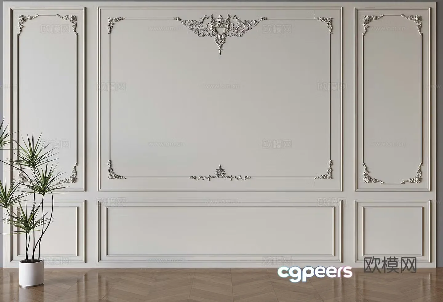 French carved plaster lines sofa background wall 3D model