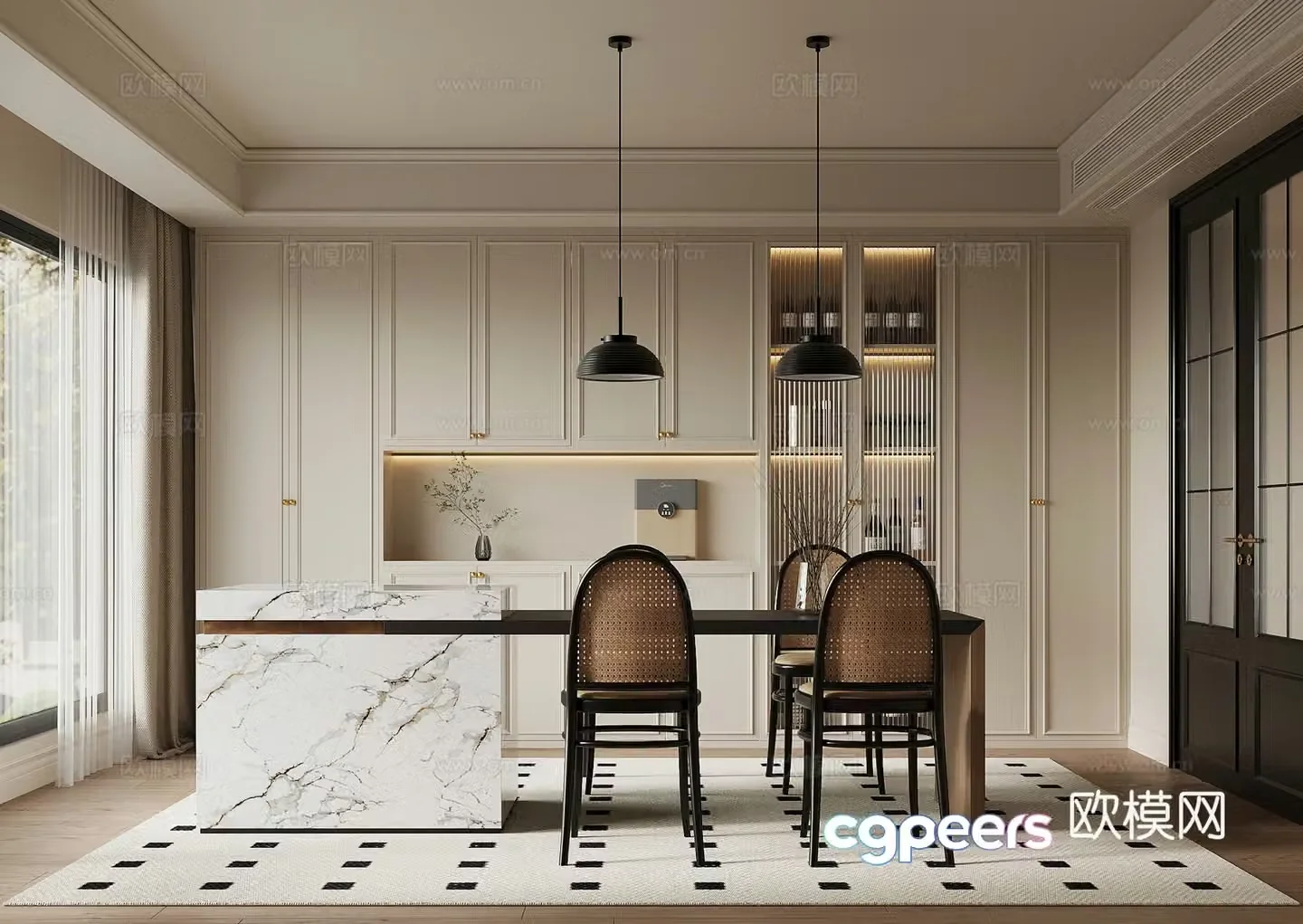French cream restaurant wine cabinet sideboard dining table island 3D model