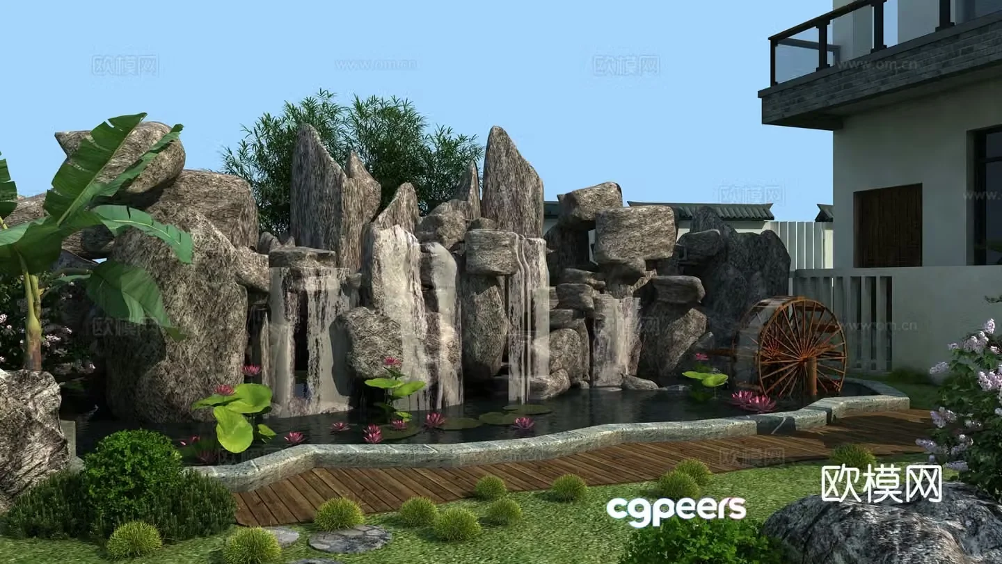 New Chinese style rockery waterfall and flowing water lotus pond 3D model