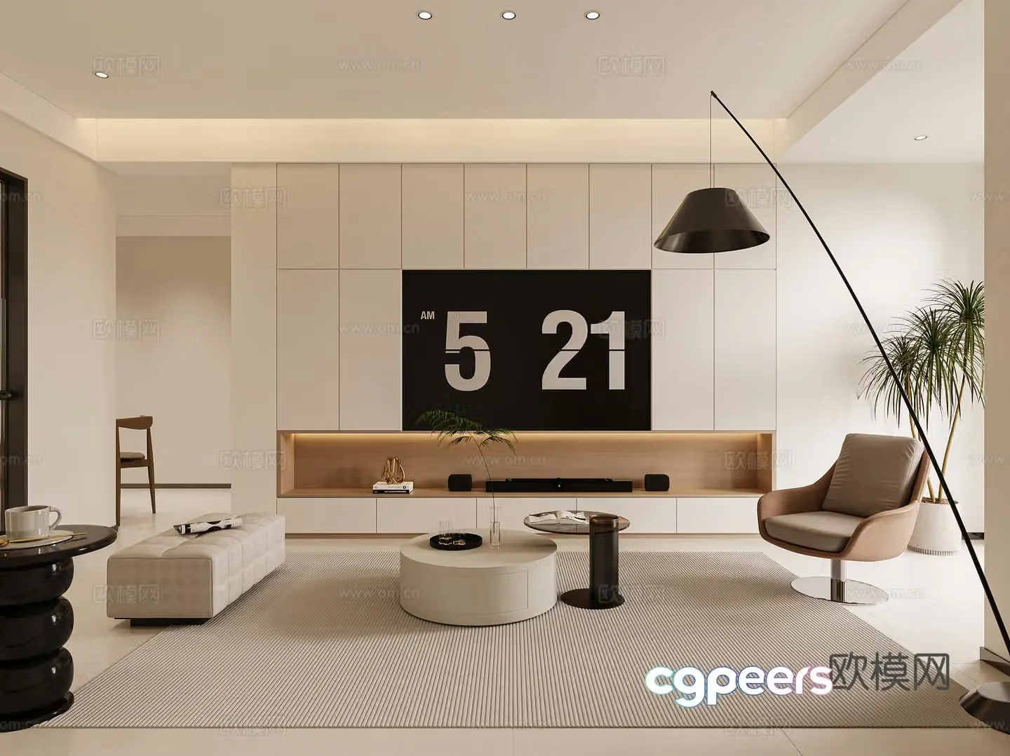 Modern living room TV background wall leisure chair floor lamp modern living room creamy living room 3d model