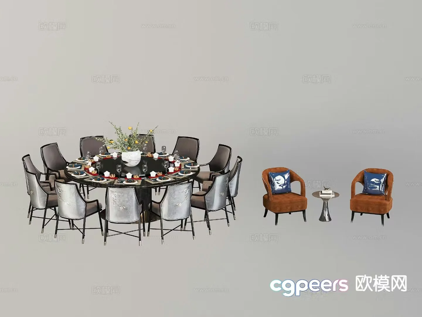 New Chinese style dining table and chairs hotel round dining table 3D model
