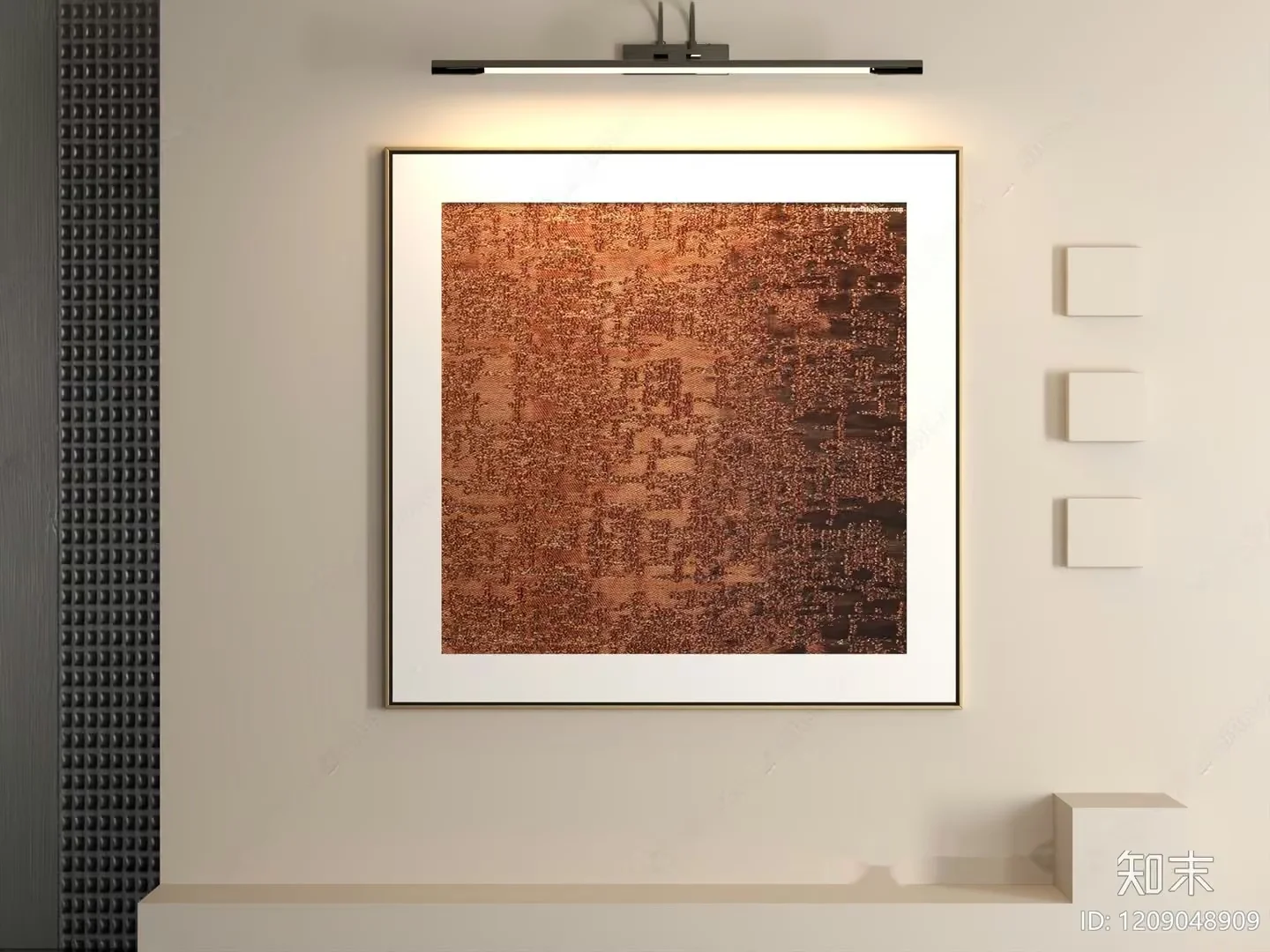 A Wall With A Framed Picture A Light Fixture And 3D Model – 18632 – VRAY Render