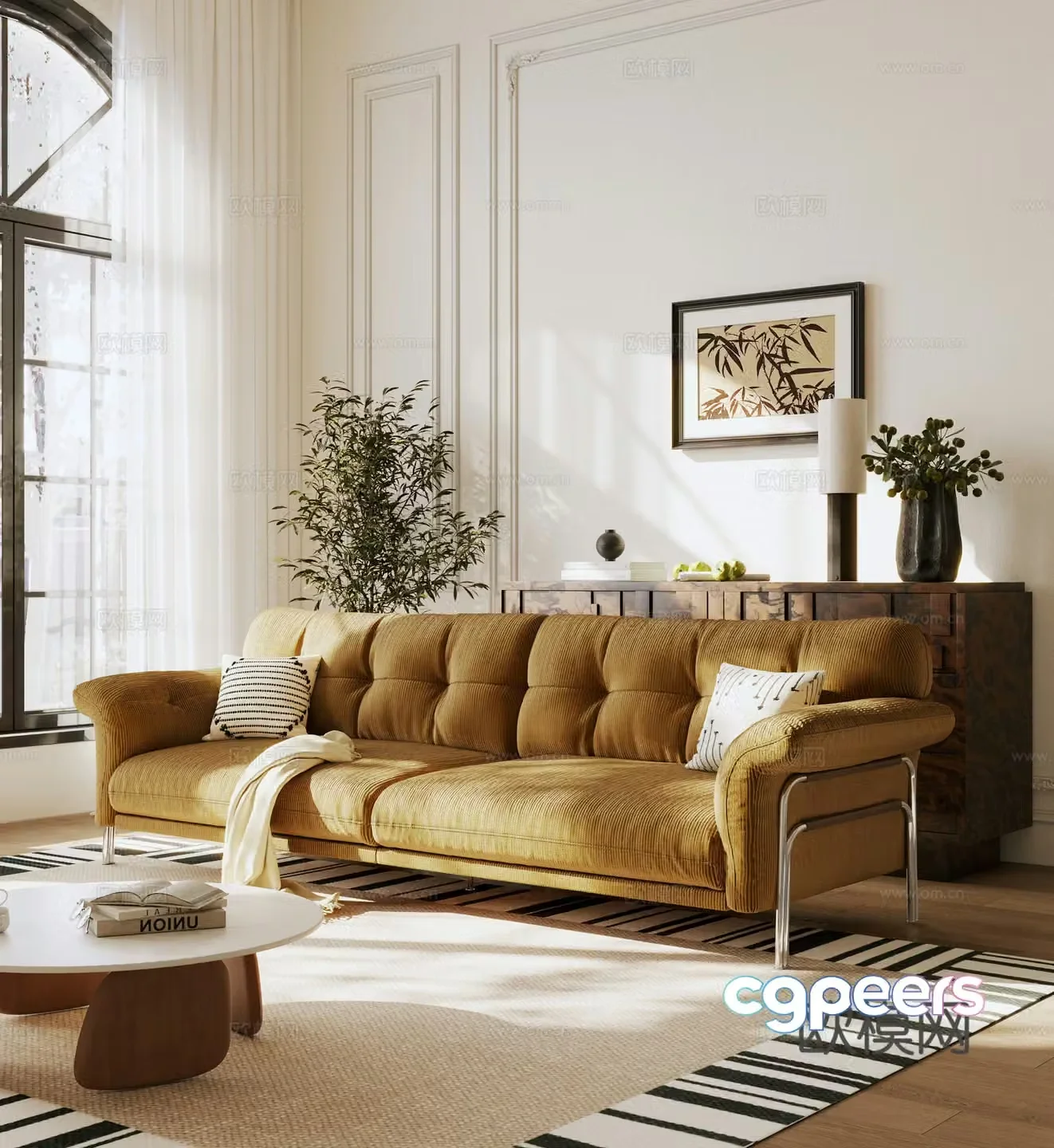 French medieval multi-person sofa cloth sofa casual sofa straight-row sofa 3D model