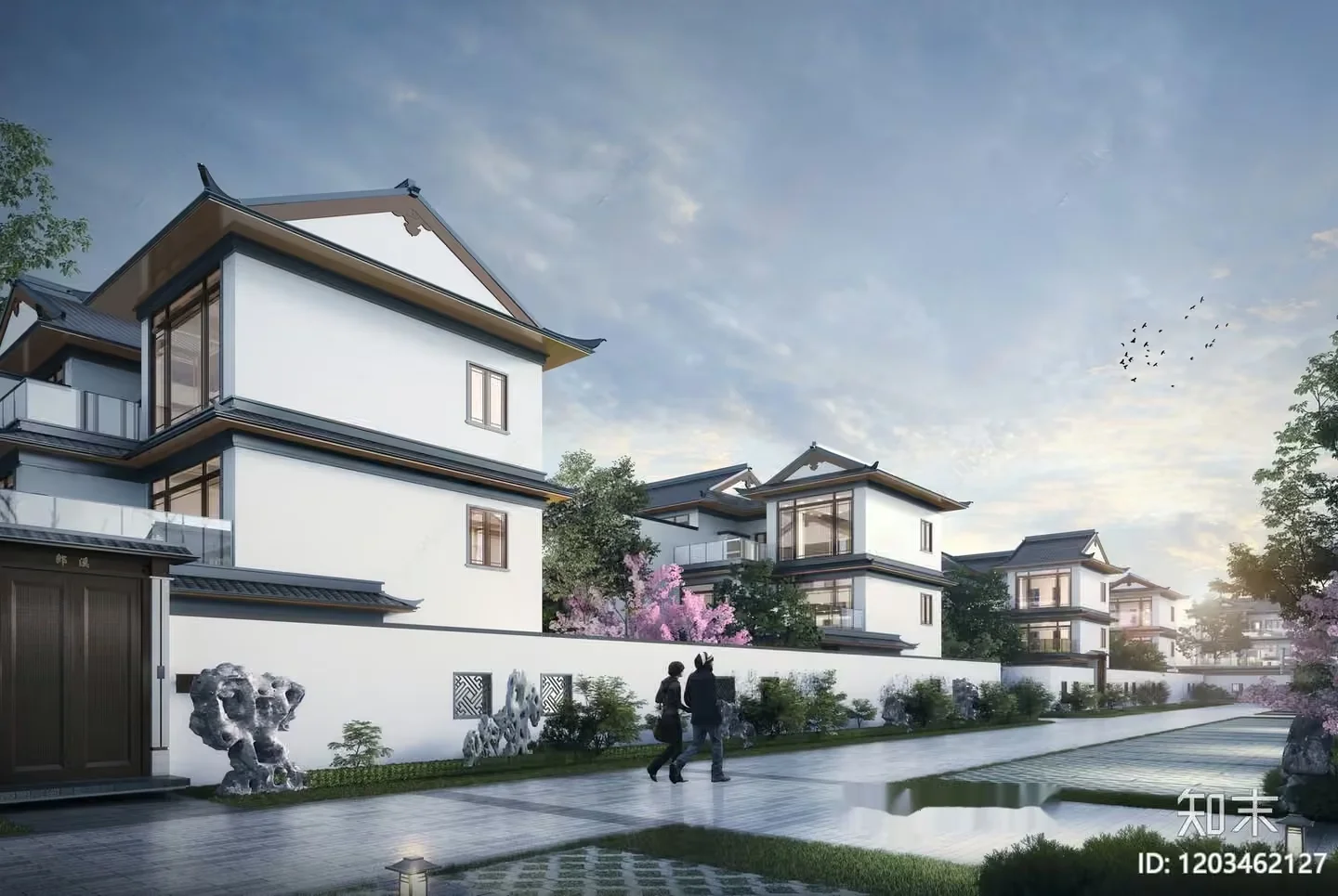A Large White House With A Brown Door And A Stone Pathway 3D Model – 9677 – VRAY Render