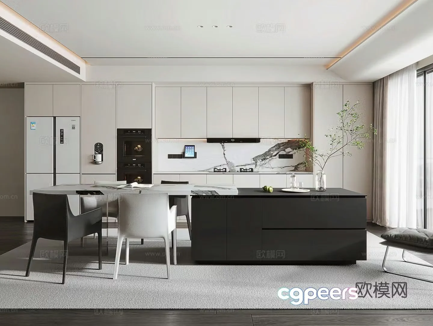 Modern minimalist open kitchen Kitchen and dining room cabinet island dining chair combination Kitchen appliances 3d model