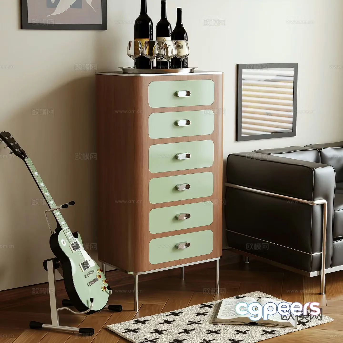 Middle-aged style chest of drawers side cabinet side cabinet 3d model