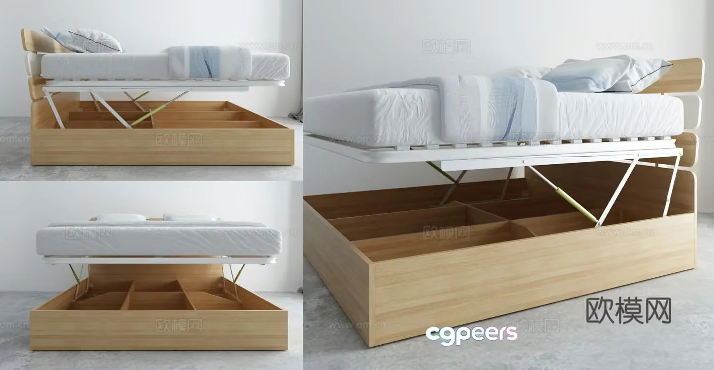 New Chinese style foldable tatami bed double bed 3d model