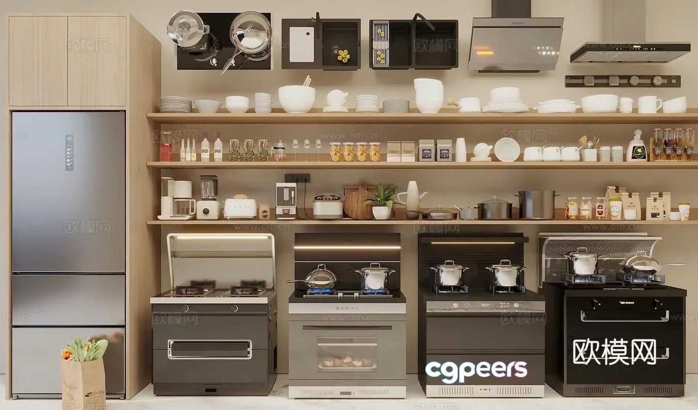 Kitchen supplies combination tableware combination seasoning pots and pans integrated stove kitchen appliances 3D model