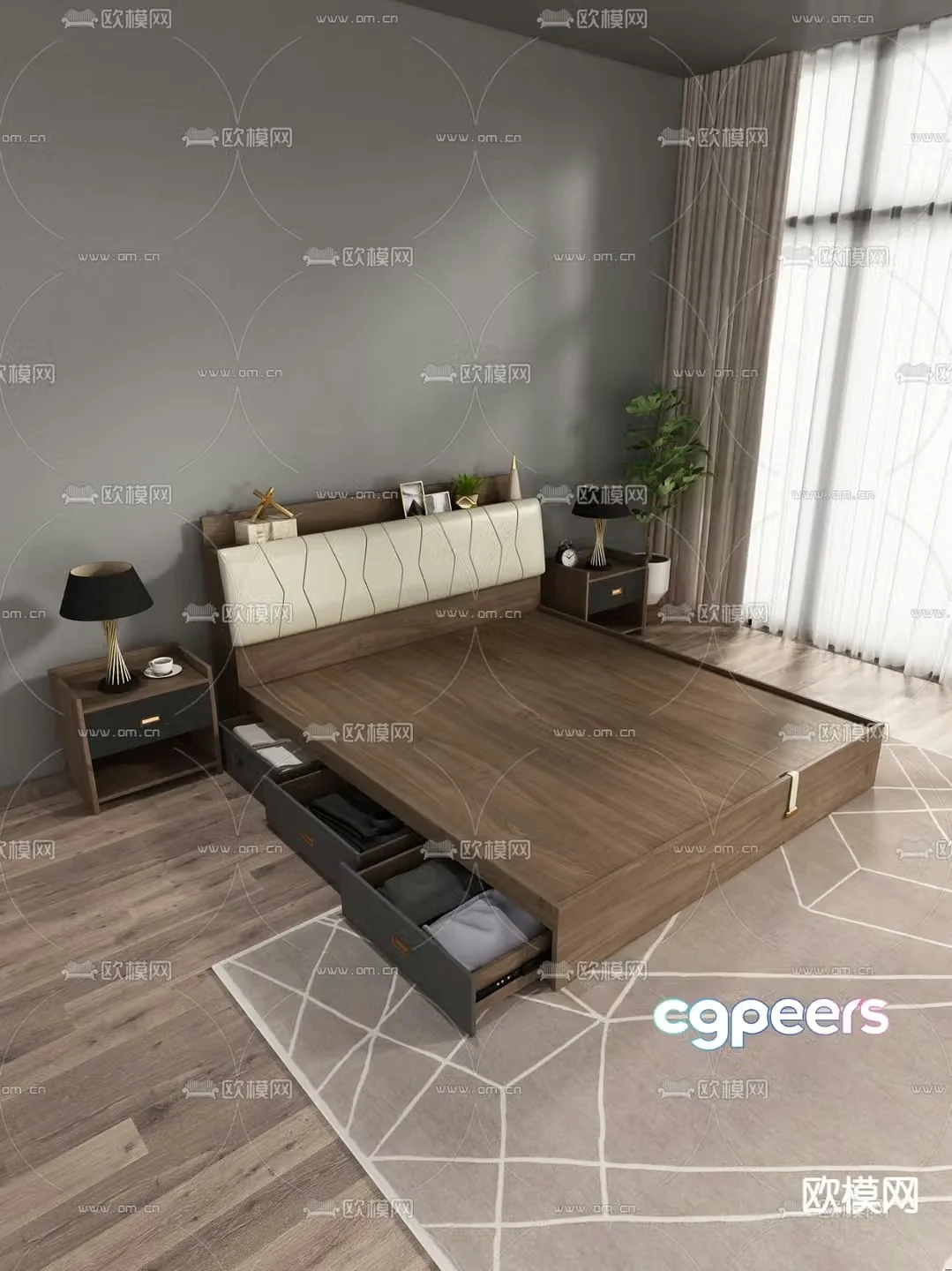 Modern solid wooden bed double bed 3d model
