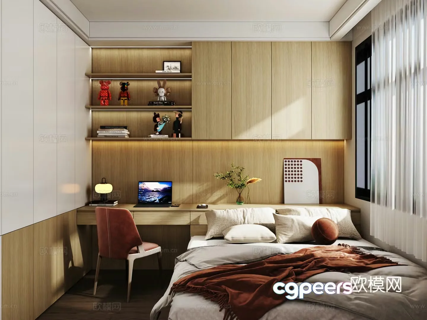 Modern tatami study bedroom chair laptop book ornament figure 3d model
