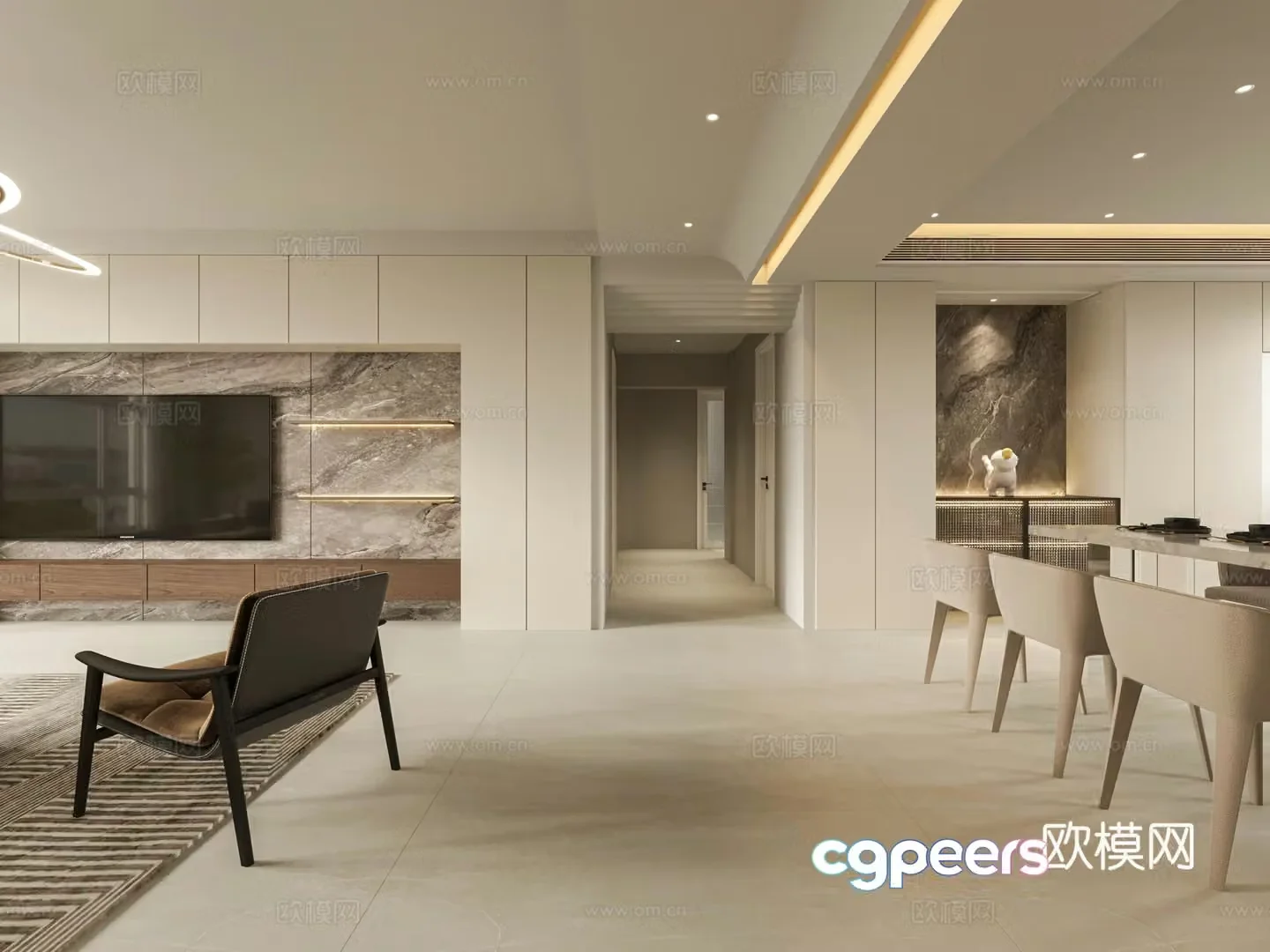 Modern living and dining kitchen 3d model