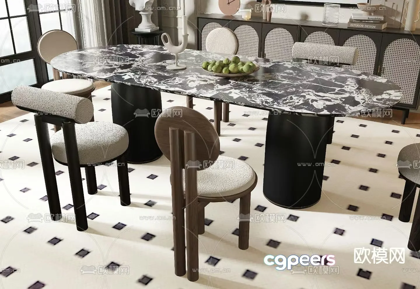 French dining table and chairs 3d model