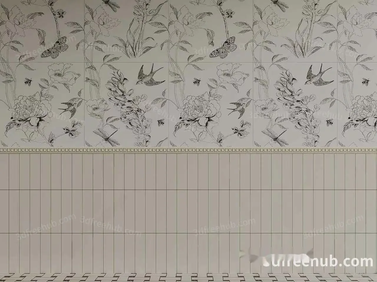 The Main Subject In This Image Is A Gray Wallpaper With A Floral And Bird 3D Model – 21923 – VRAY Render