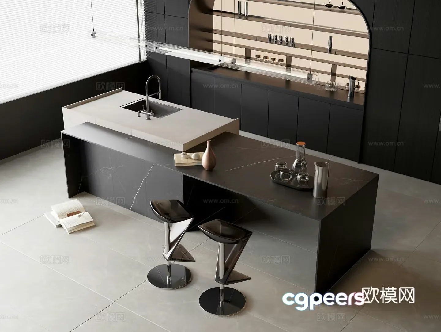 Marble water bar Nakadao dining table leisure bar chair solid wood sideboard wine cabinet sink 3d model
