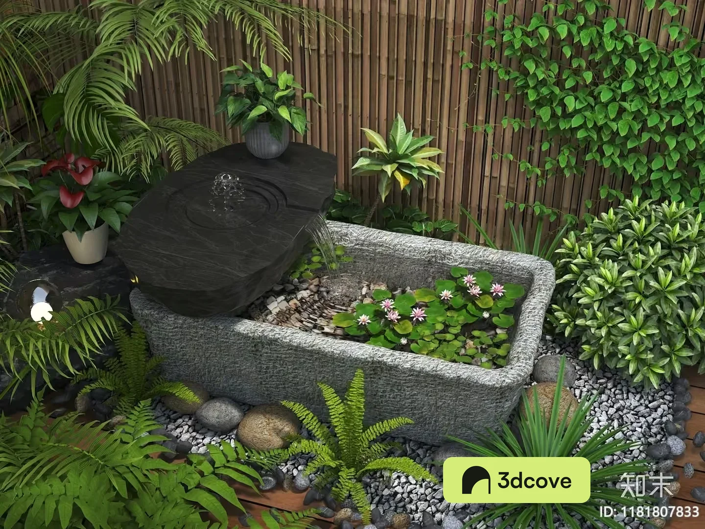 A Stone Water Feature With A Small Pond