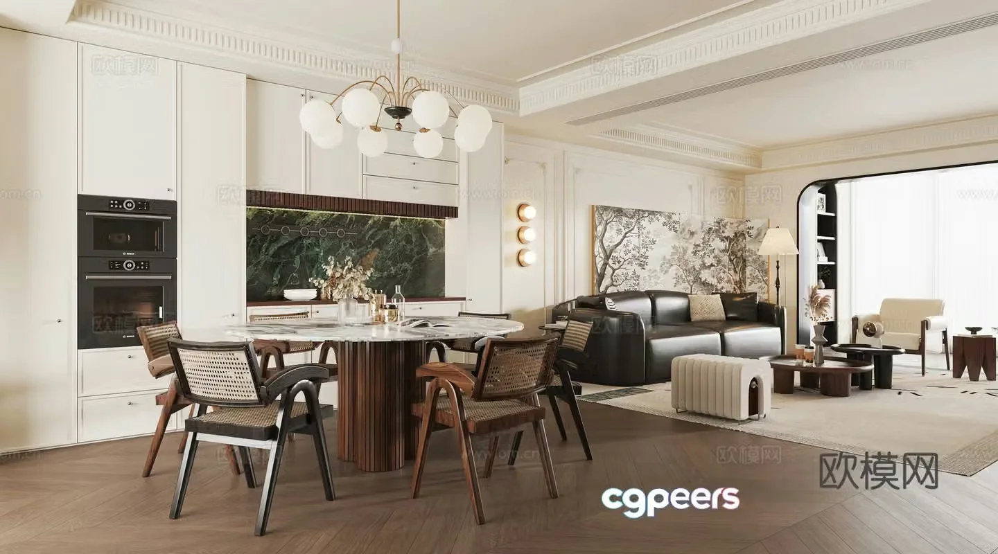 French living and dining room 3d model