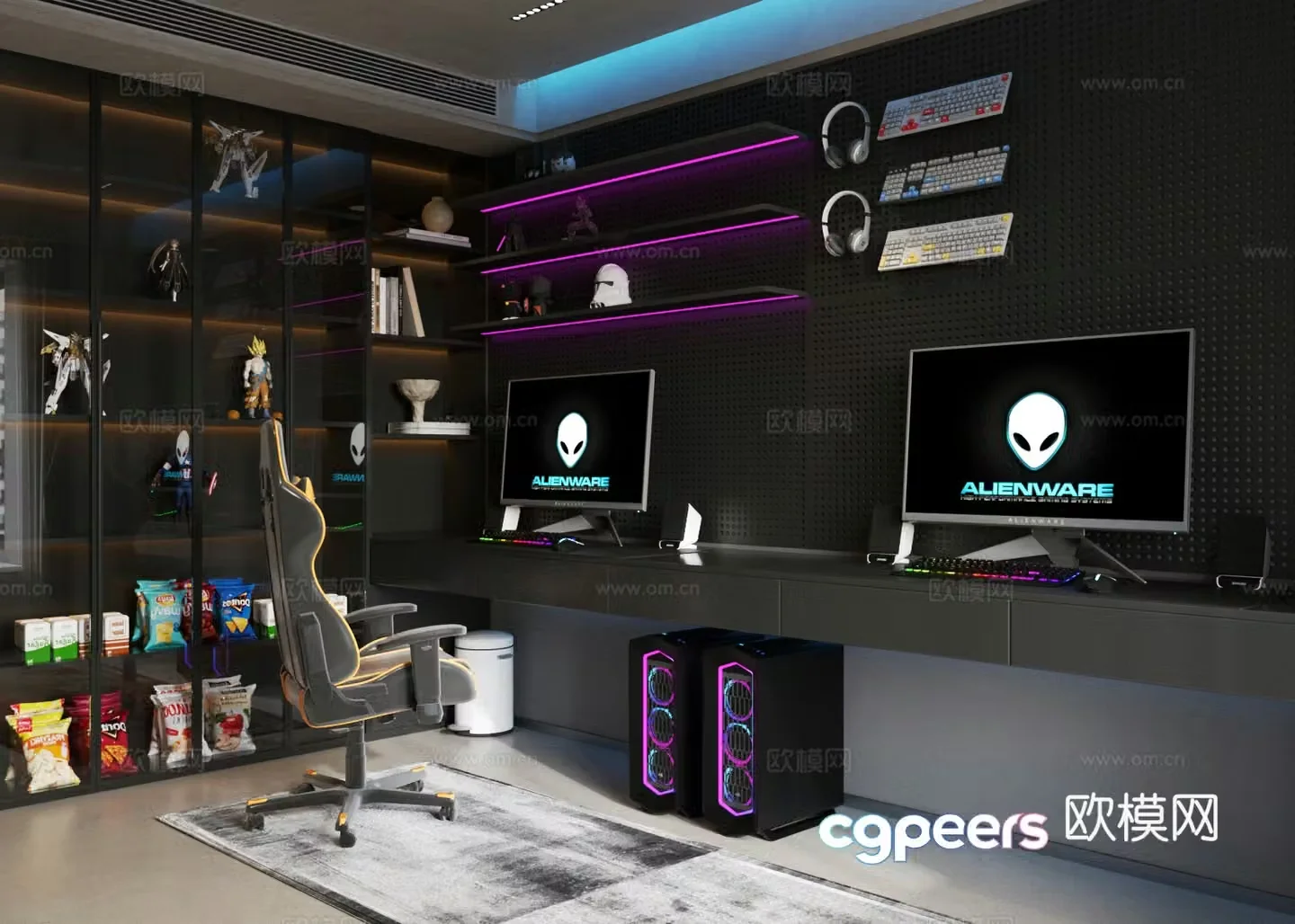 Modern e-sports room audio headset keyboard e-sports room computer room desktop screen e-sports chair 3D model