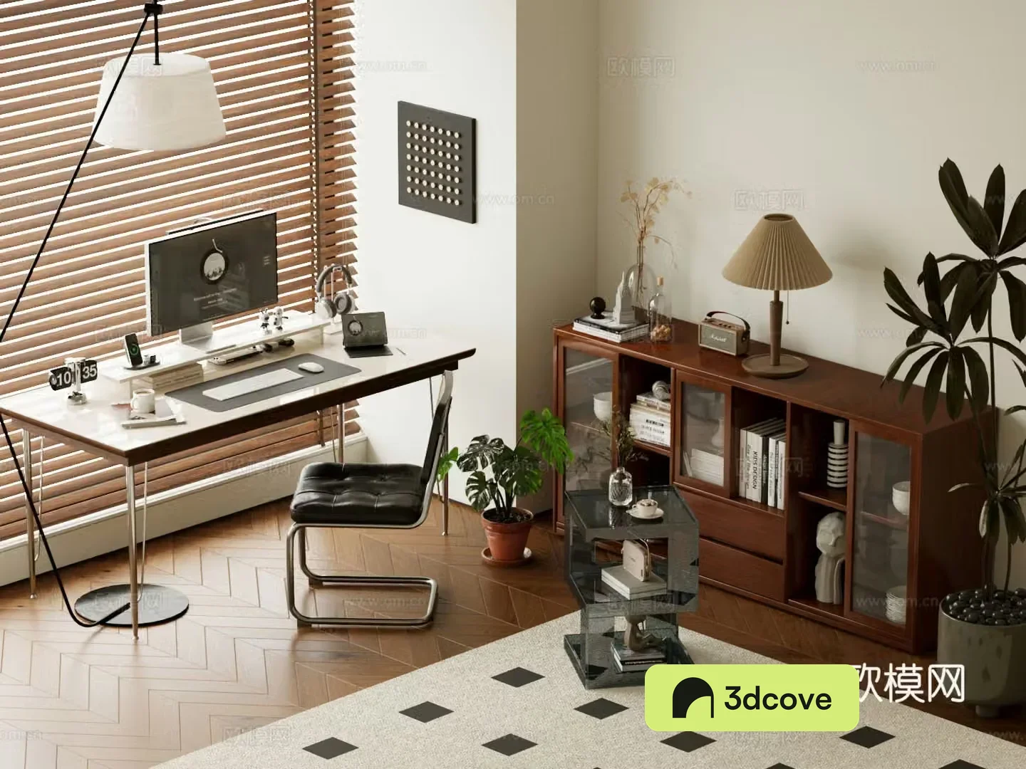 Middle-aged study decorative cabinet bookcase desk and chair combination floor lamp green plant ornament 3D model