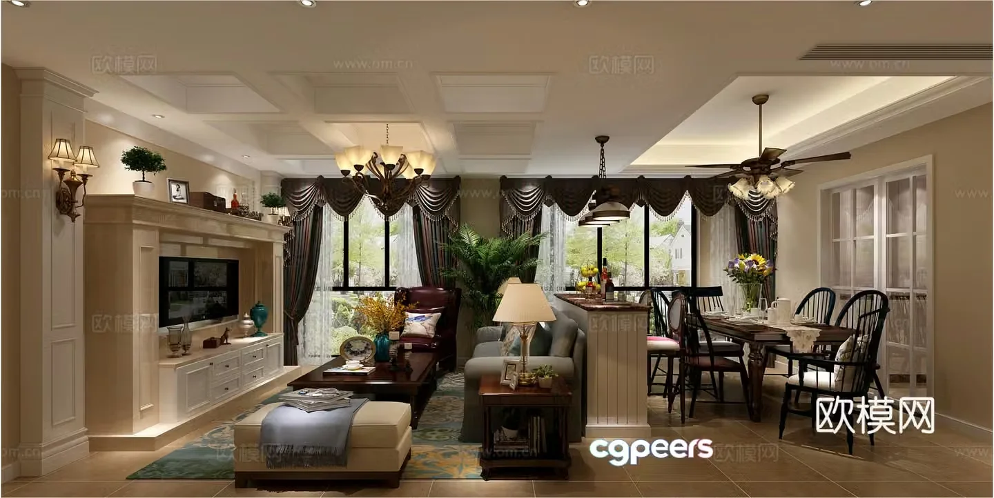 Simple European style living and dining room sofa coffee table carpet chandelier ornament TV cabinet electric 3D model