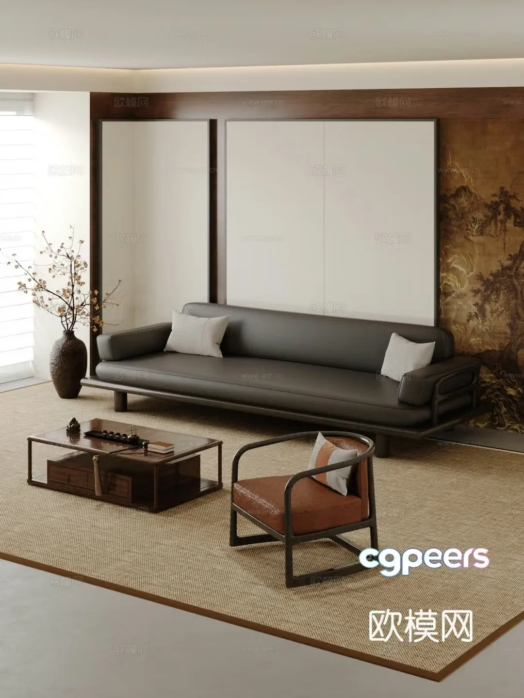 Medium style sofa coffee table combination multi-person sofa three-person sofa leather leisure chair single chair 3D model