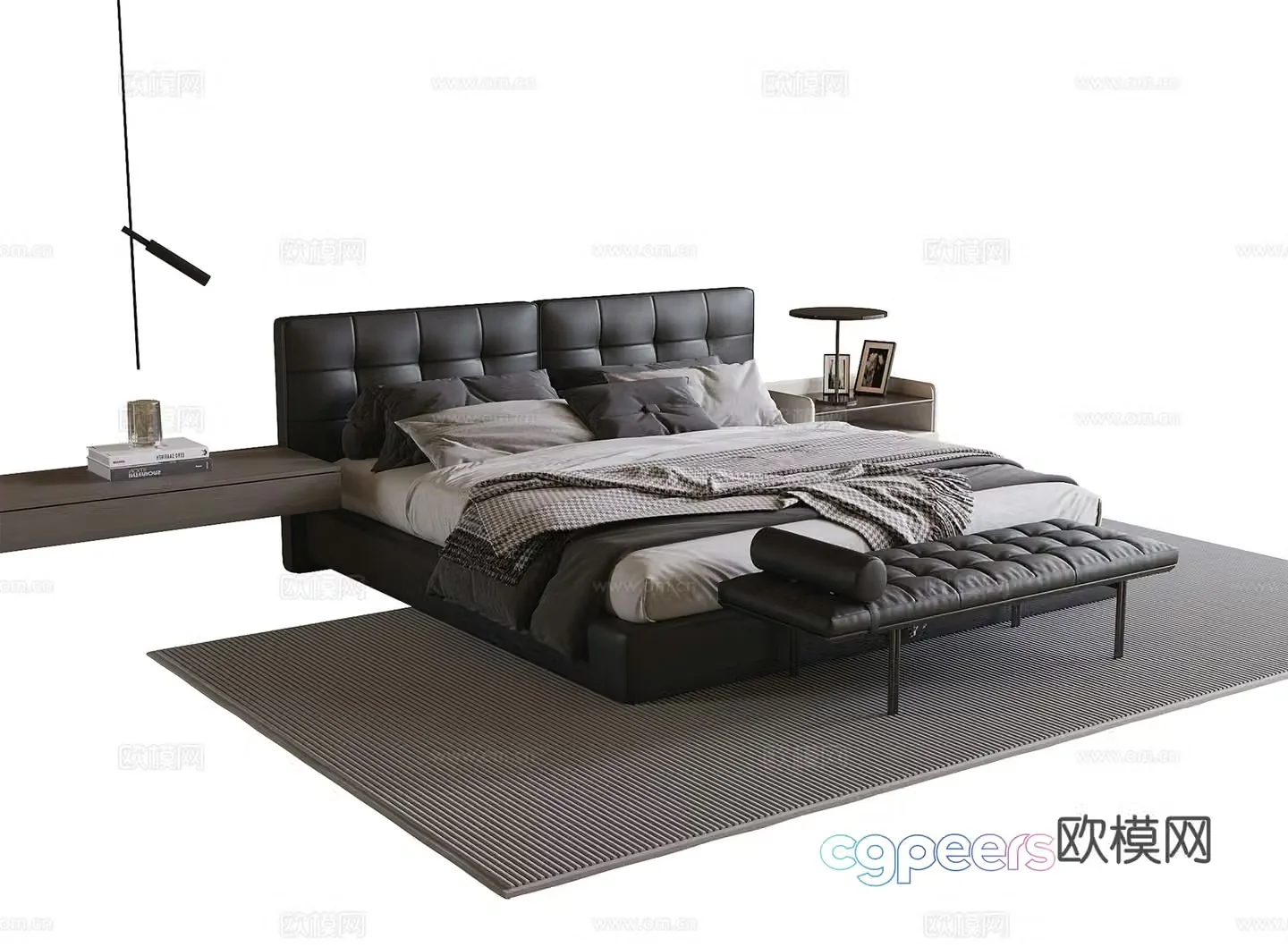 Modern double bed bed tail stool bedside table leather bed 3D model