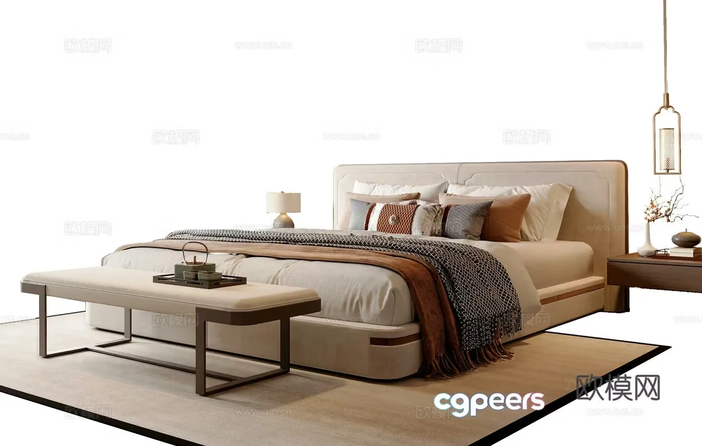 New Chinese style double bed New Chinese style bed tail stool bed nightstand chandeliers Song style 3D model