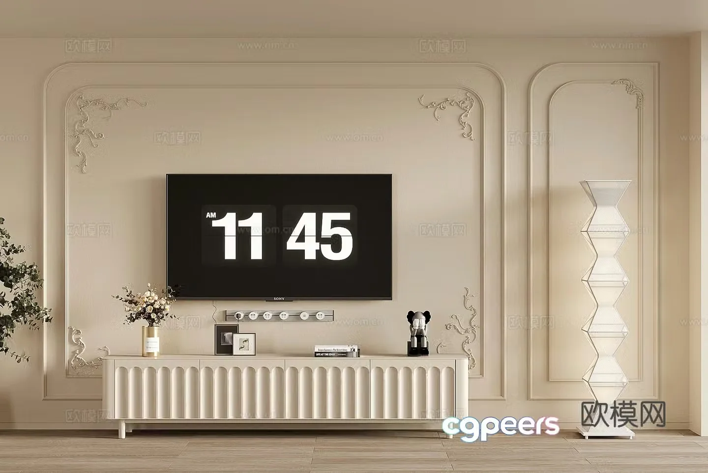 French creamy TV background wall TV cabinet floor lamp 3d model