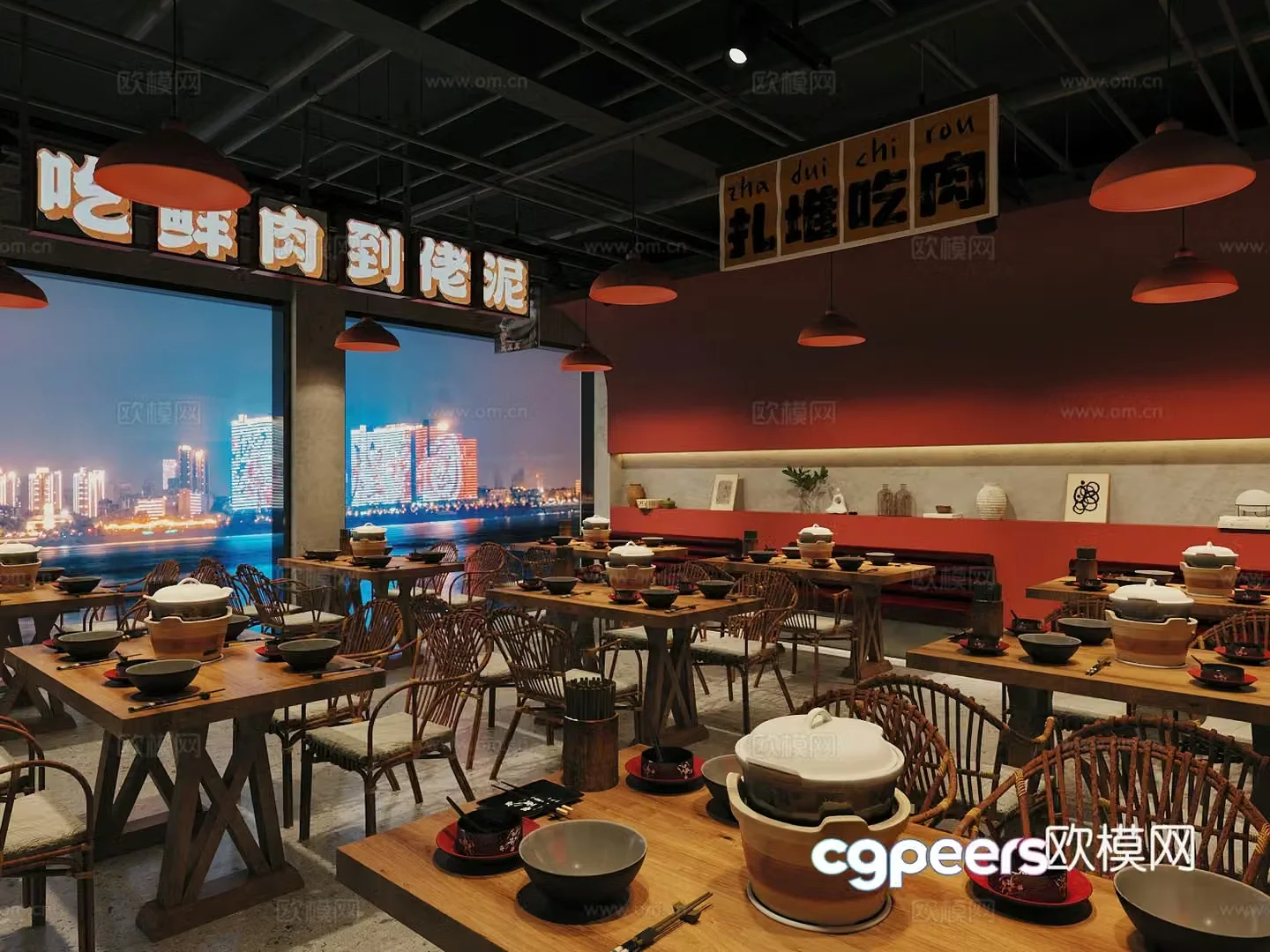 Industrial style nostalgic barbecue restaurant barbecue restaurant hot pot restaurant skewers restaurant Chinese restaurant hot pot tables and chairs 3D model