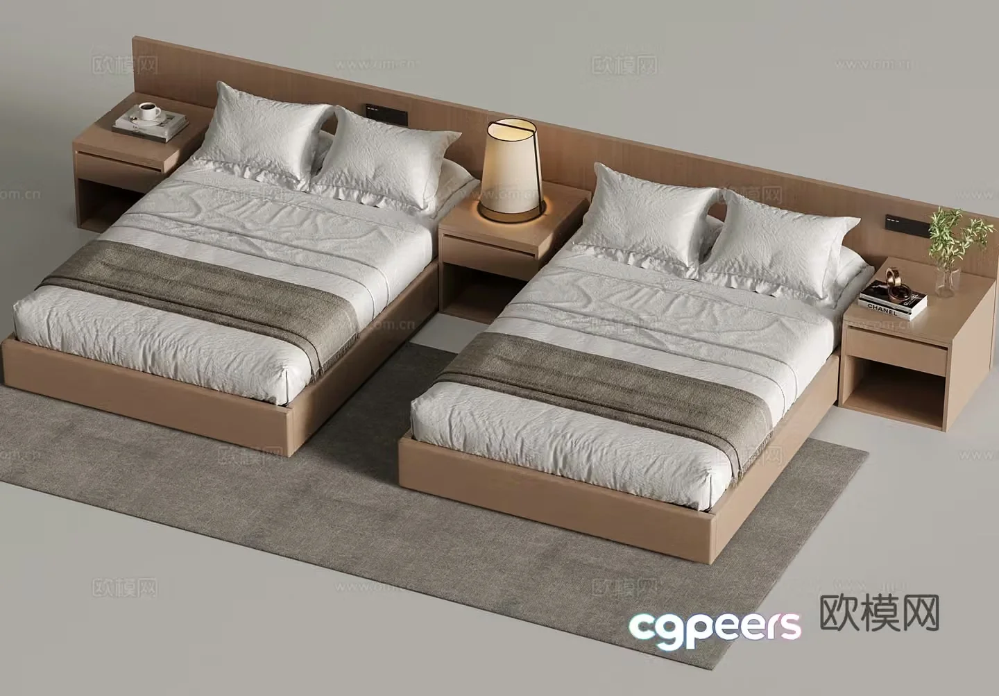 Bed Modern Single Bed Hotel Solid Wood Single Bed Solid Wood Bedside Table 3D Model