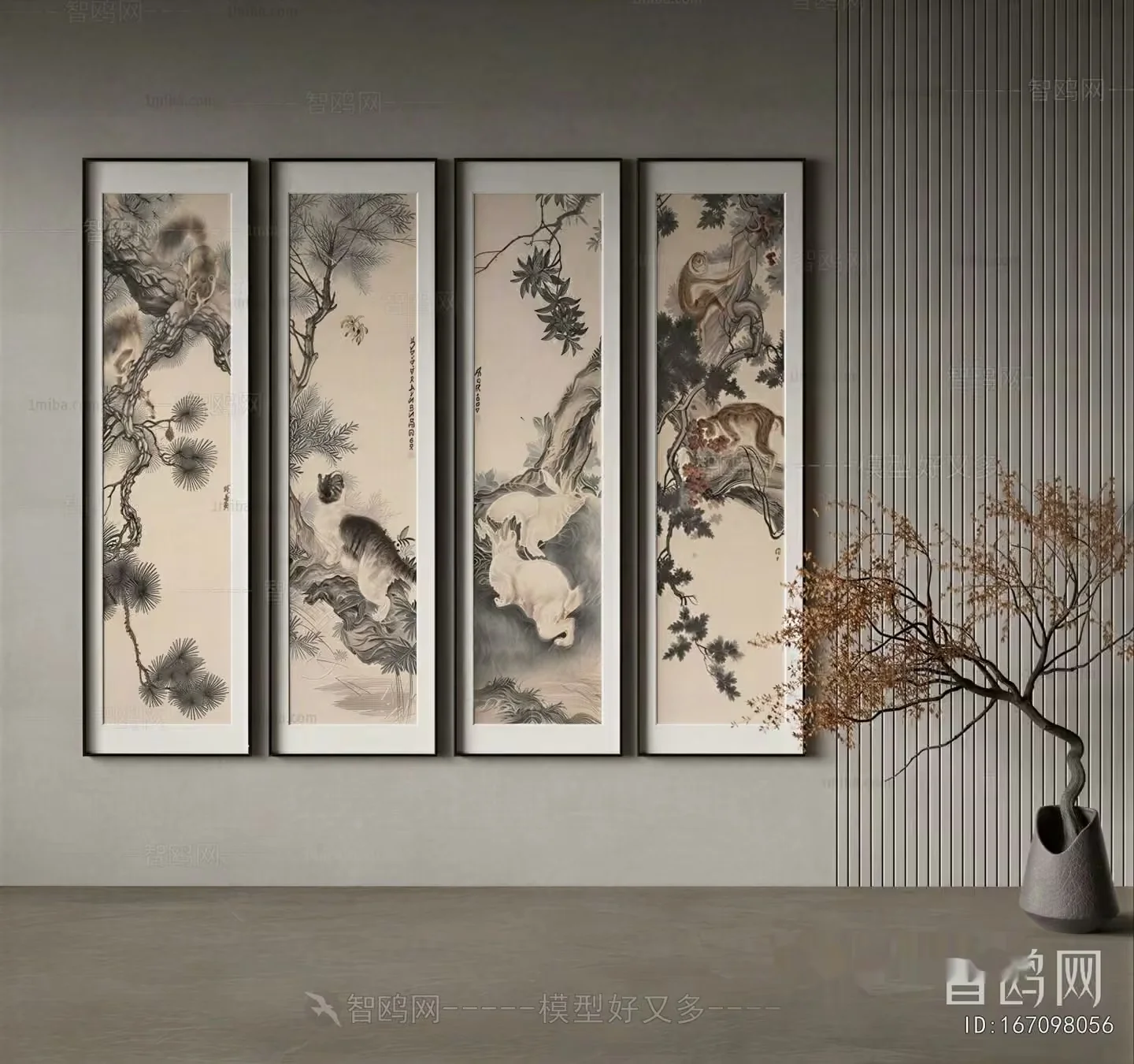 Four Framed Paintings Of Animals And Trees 3D Model – 12210 – VRAY Render