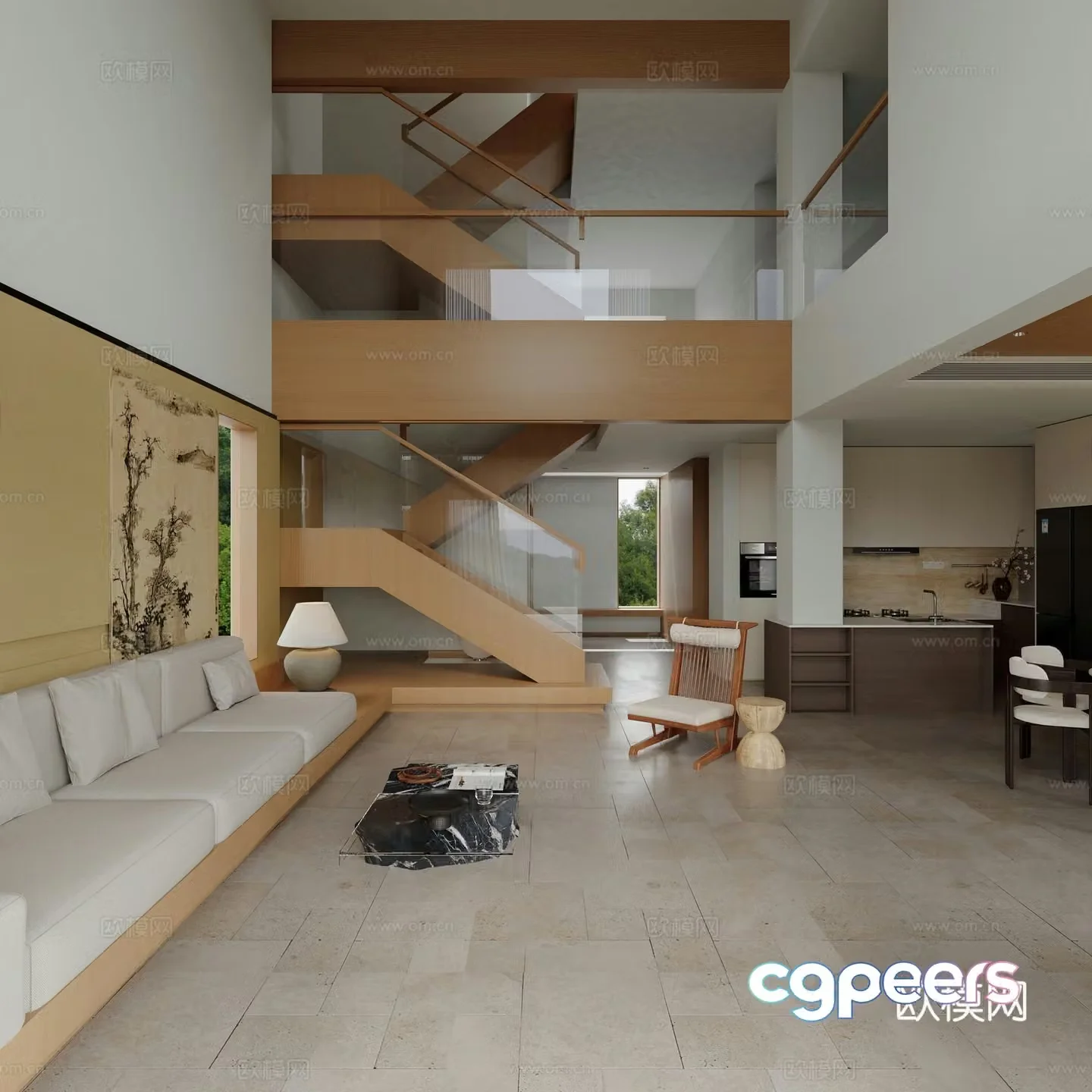 New Chinese style villa living and dining room Song style aesthetics Villa space Stair design Sofa coffee table combination 3D model