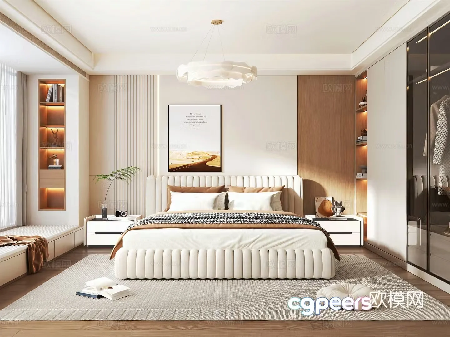 Modern Cream Home Bedroom Cream Style Double Bed Wardrobe Bedside Table Bedroom Chandelier Decoration 3D Model