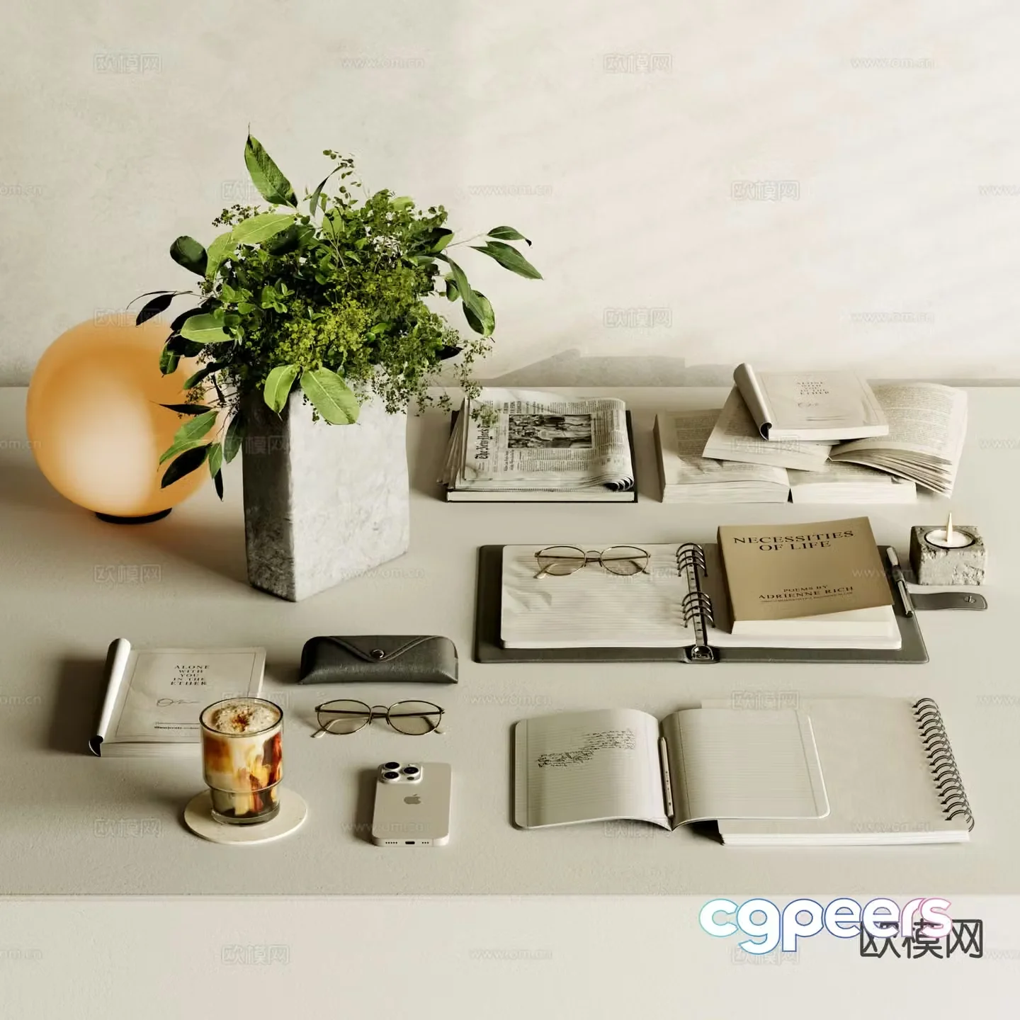 Modern desktop accessories books desk lamp 3d model