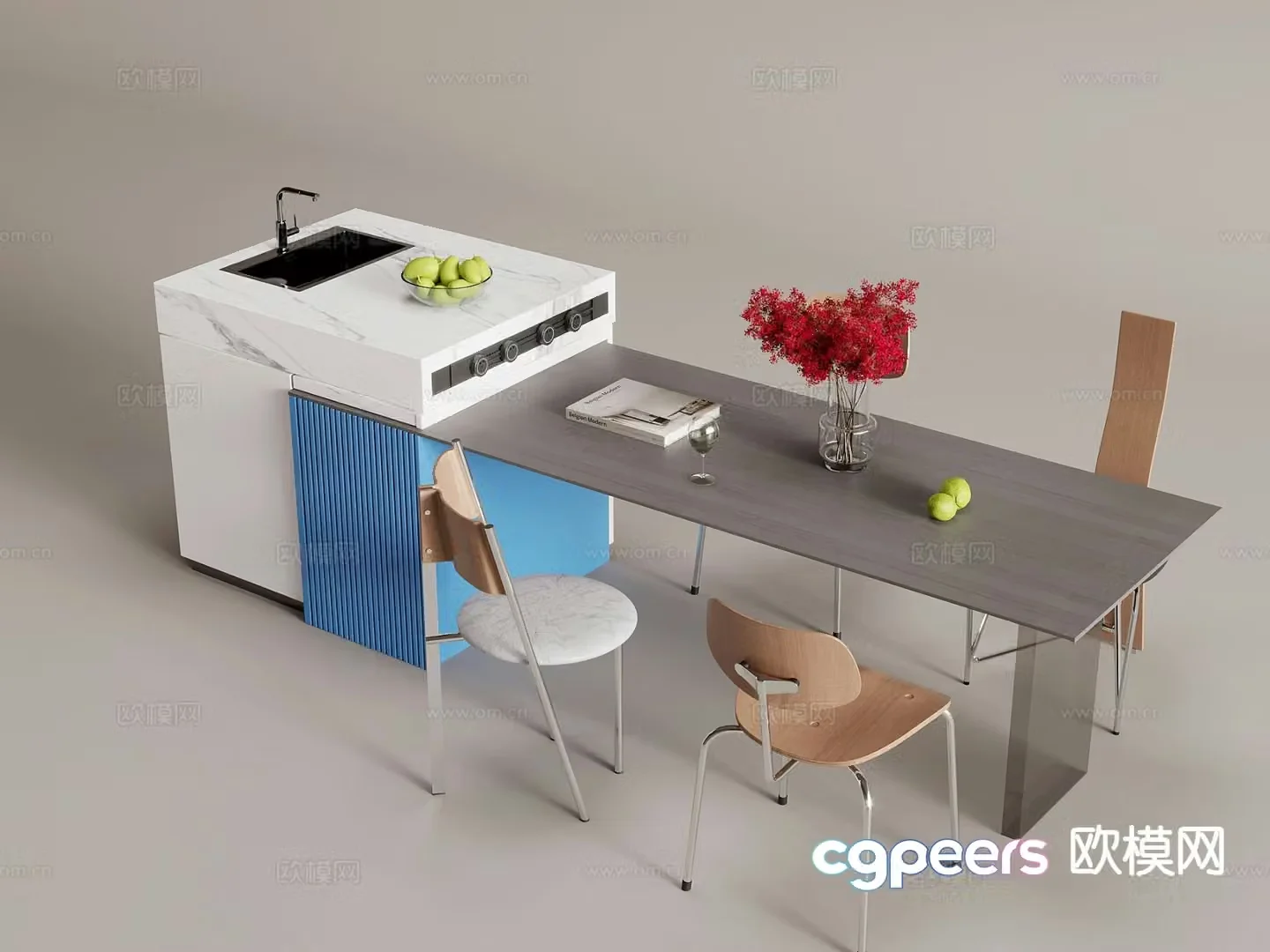 Modern dining table and chairs island 3d model