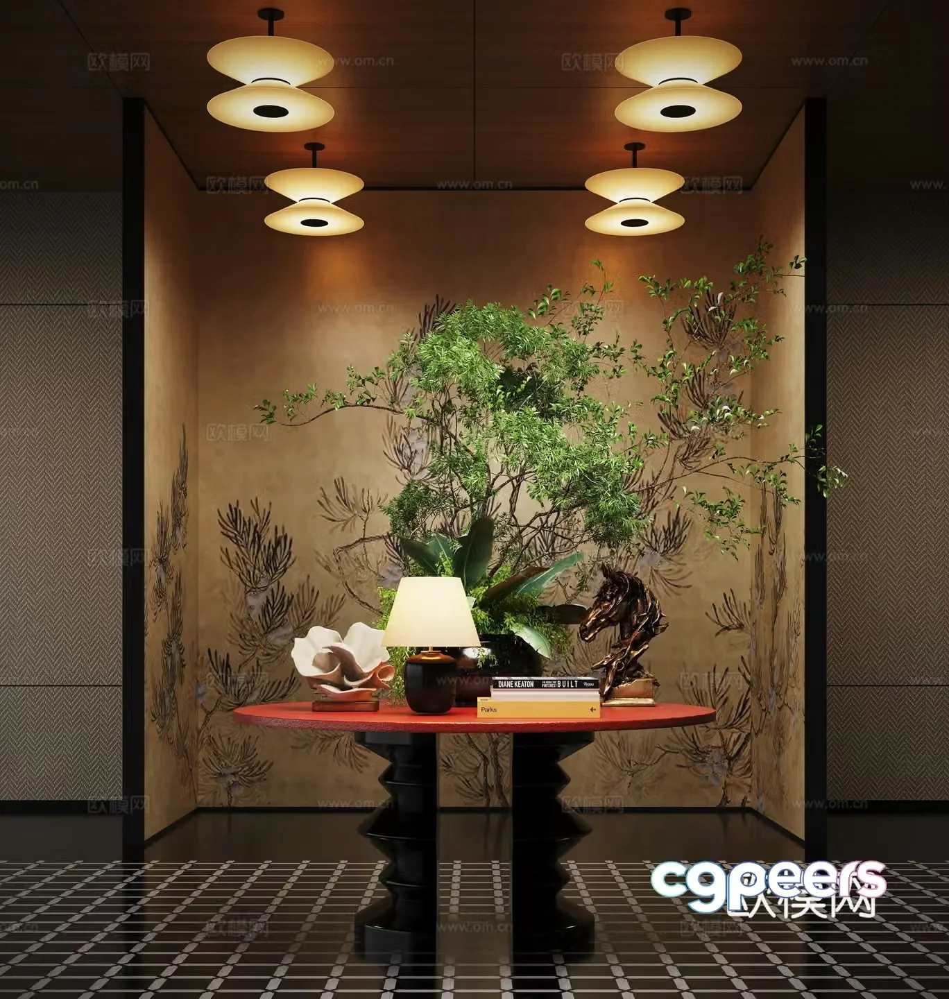 Modern hotel hall floral installation floral table combination 3D model