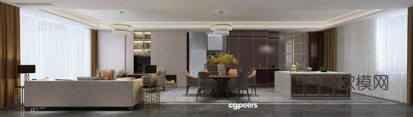 Postmodern living room sofa carpet chandelier wall lamp dining table chair western kitchen bar 3d model