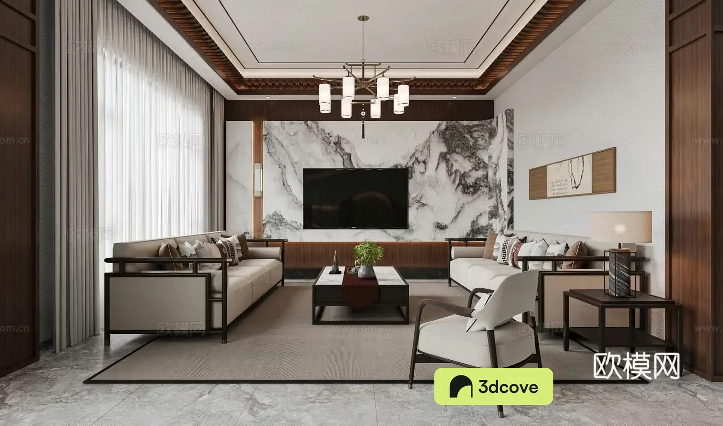 New Chinese style living room TV background wall Combination sofa Leisure chair New Chinese style living room chandeliers