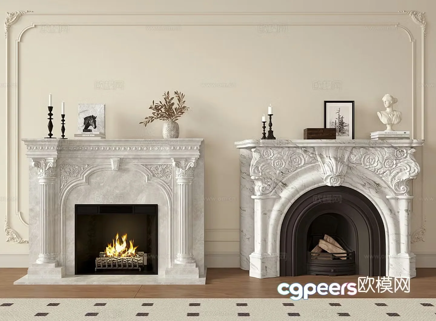 French retro fireplace marble relief carving stone sculpture 3d model