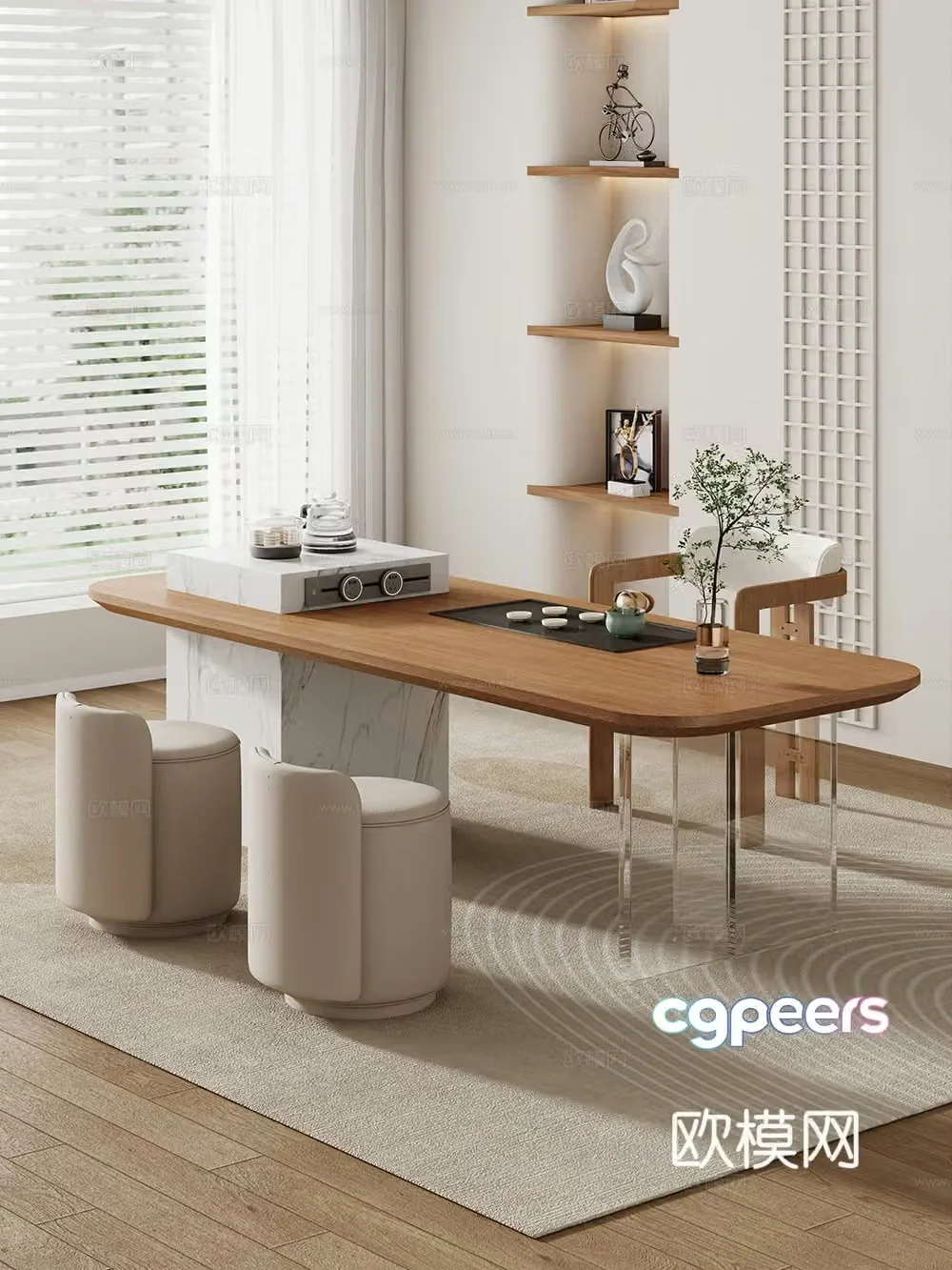 Creamy large plate table tea table and chair combination tea table tea table tea room tea table balcony tea table 3D model