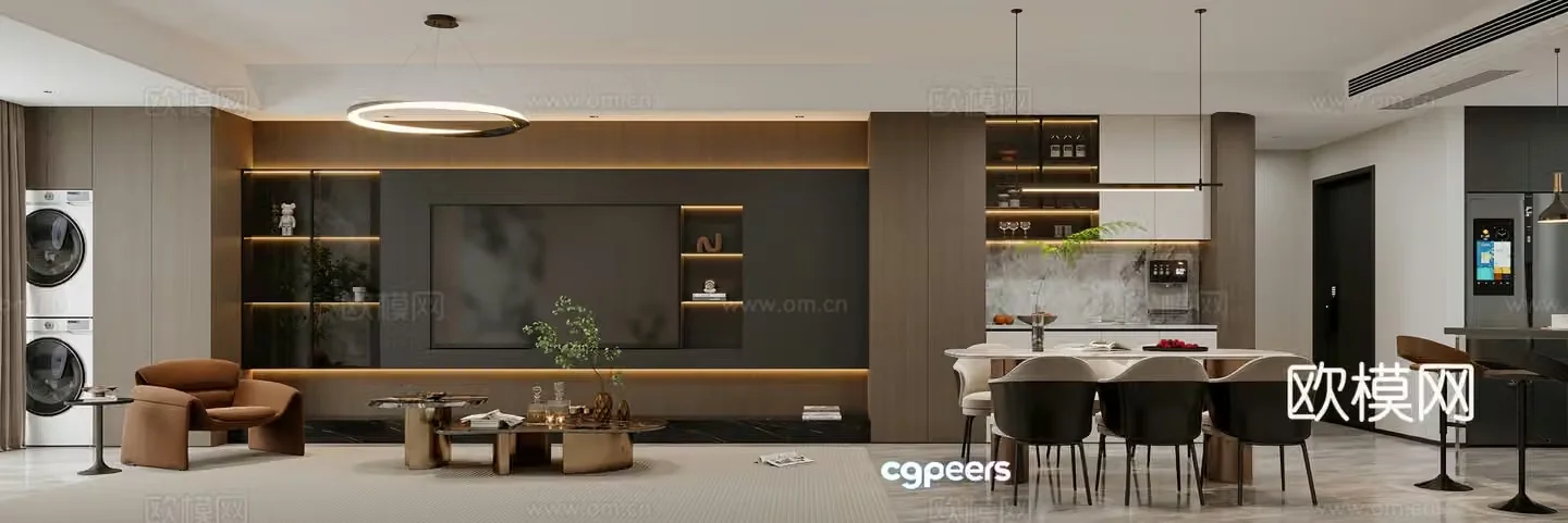 Modern living and dining room TV background wall Light luxury living room Modern living room Leisure chair Dining table 3d model