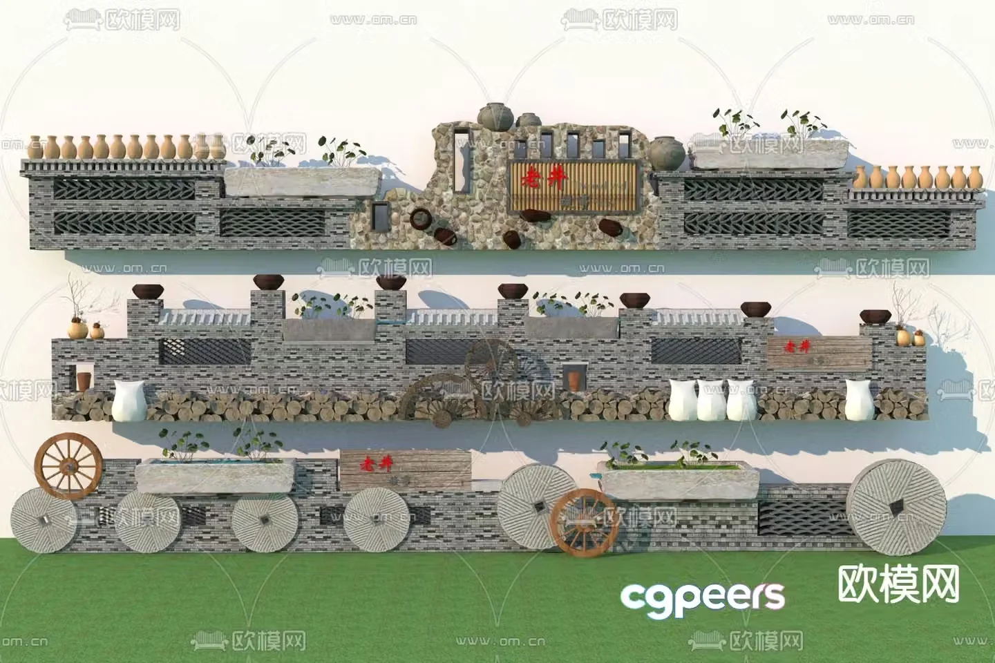 Rural landscape wall folk low wall courtyard fence 3D model