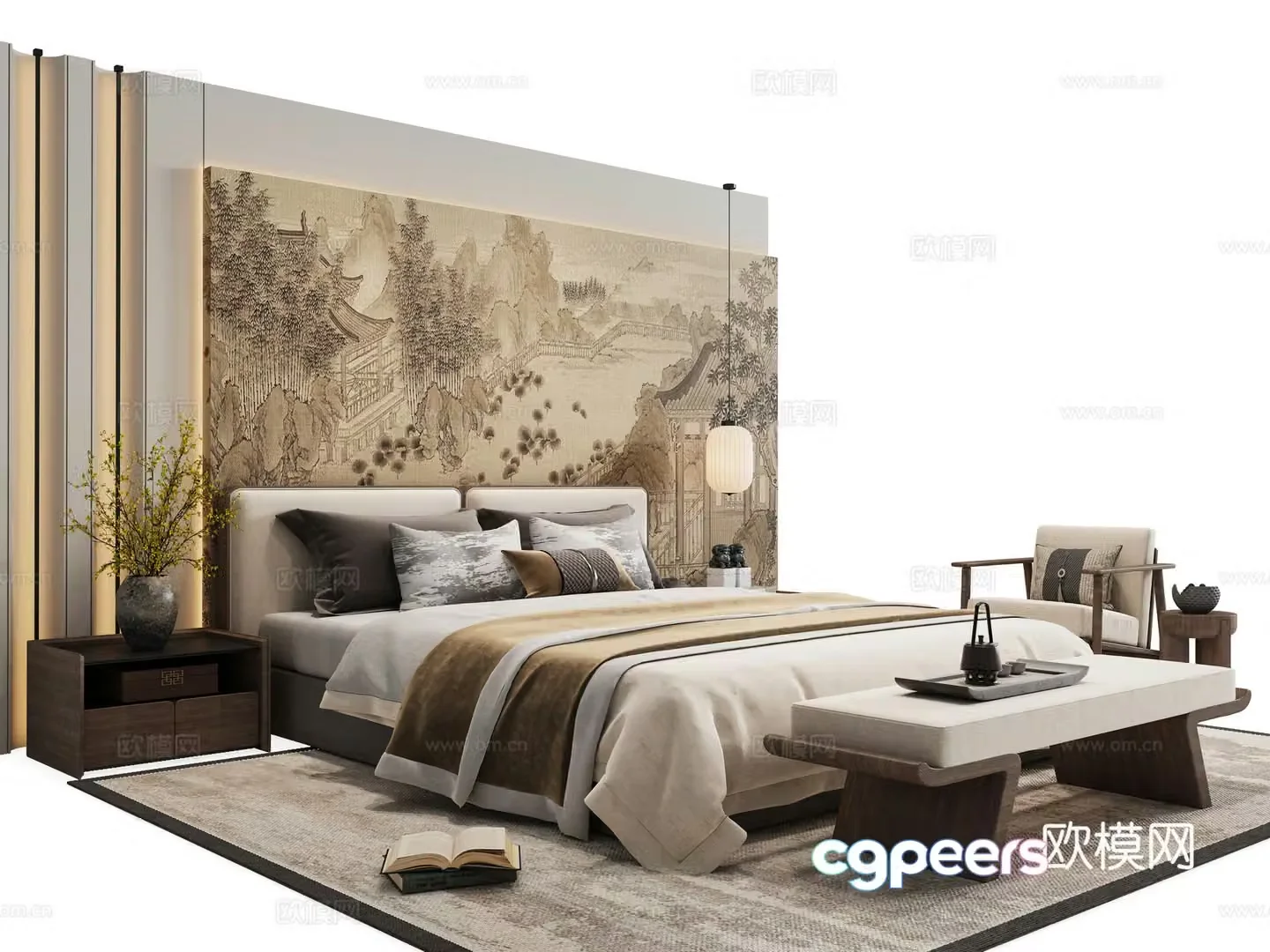 New Chinese style double bed 3d model